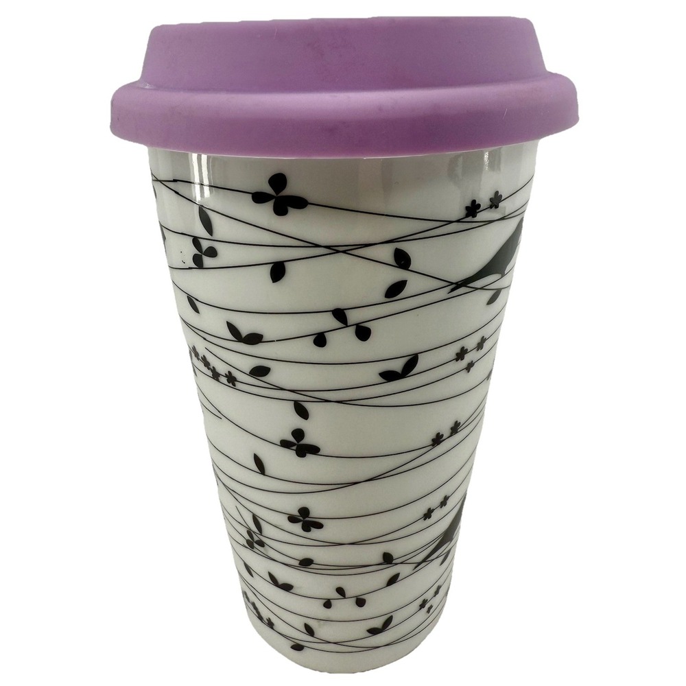 Ciroa Oiseau Coffee Travel Mug W/Lid Bird on a Vine Black and White Unused New - Picture 2 of 8